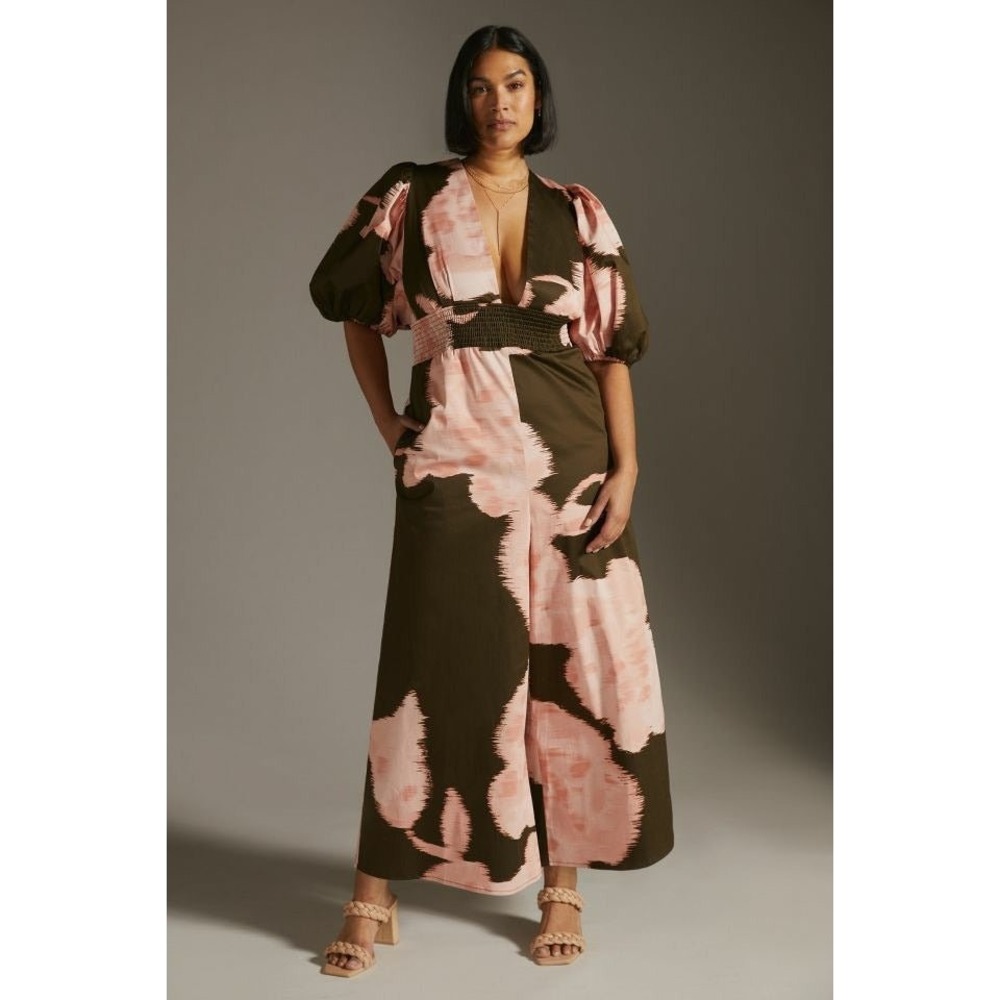 Hutch for Anthropologie V-Neck Puff-Sleeve Jumpsuit | Pink Olive Abstract Floral